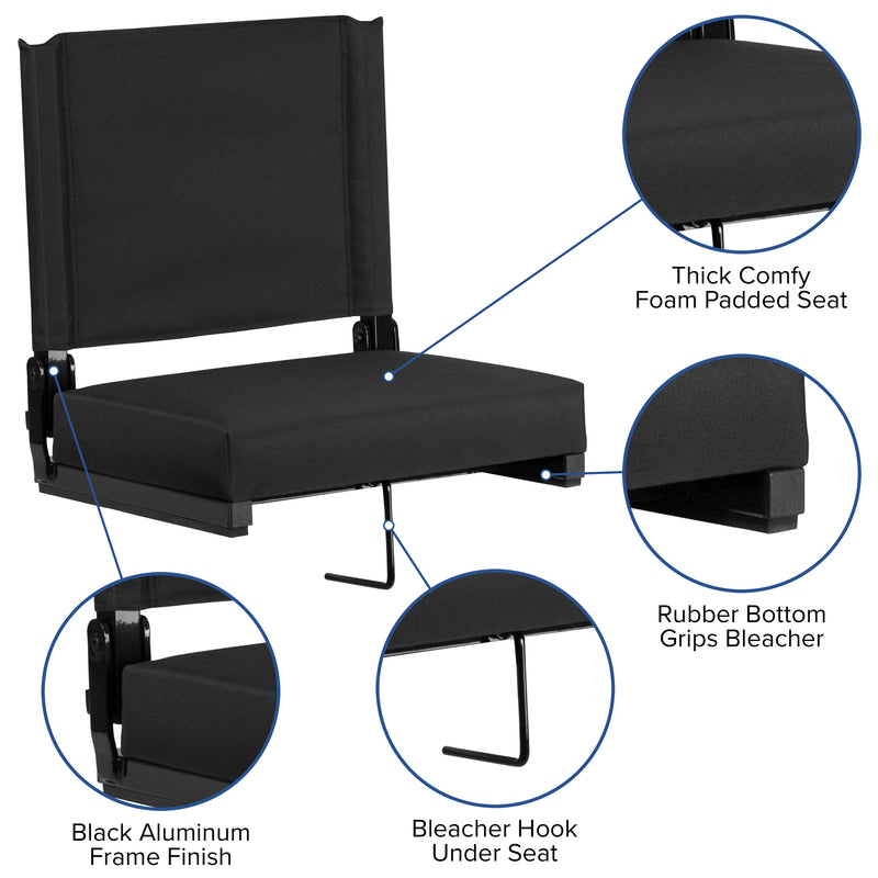 Grandstand Comfort Seats by Flash - 500 lb. Rated Lightweight Stadium Chair with Handle & Ultra-Padded Seat, Black