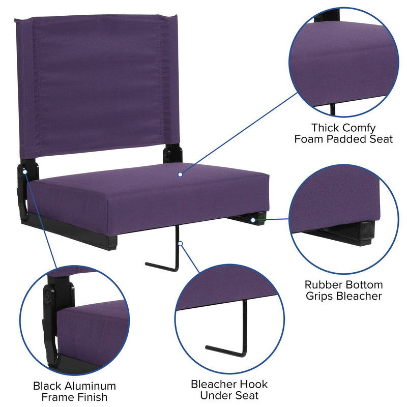 Grandstand Comfort Seats by Flash - 500 lb. Rated Lightweight Stadium Chair with Handle & Ultra-Padded Seat, Dark Purple