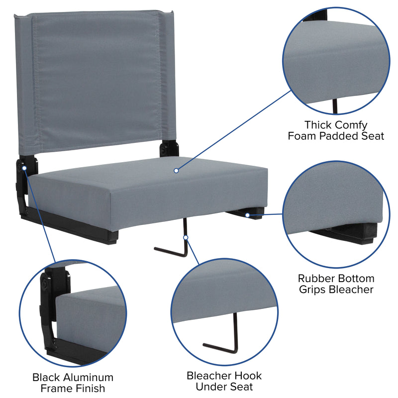 Grandstand Comfort Seats by Flash - 500 lb. Rated Lightweight Stadium Chair with Handle & Ultra-Padded Seat, Gray