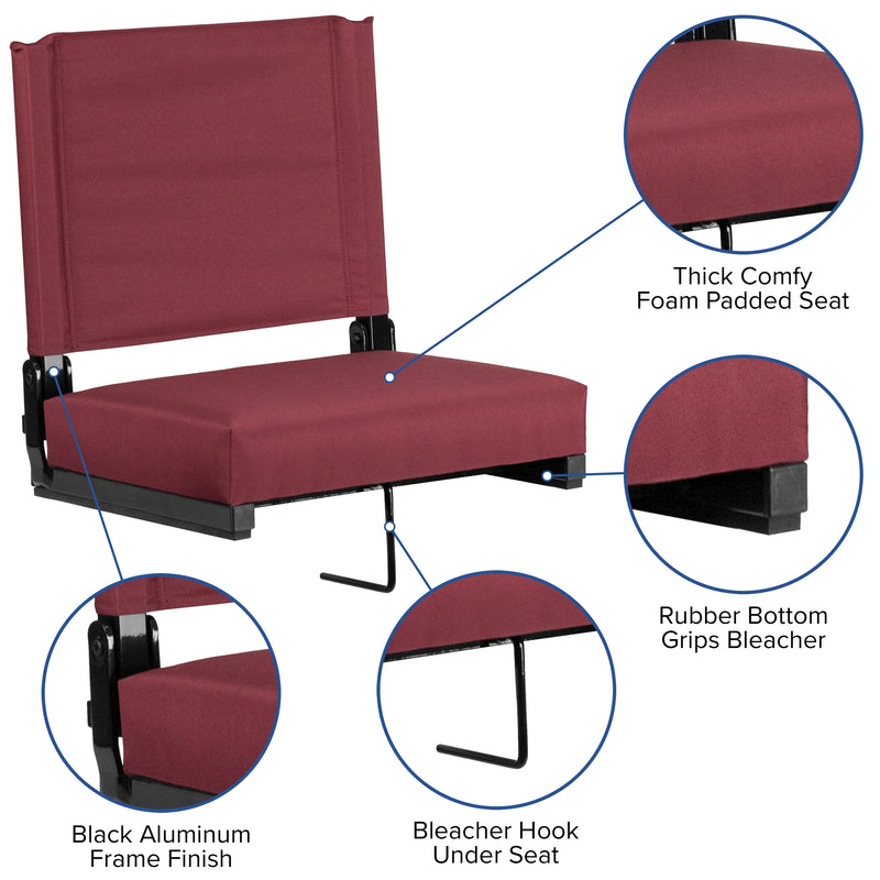 Grandstand Comfort Seats by Flash - 500 lb. Rated Lightweight Stadium Chair with Handle & Ultra-Padded Seat, Maroon