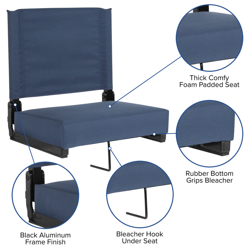 Grandstand Comfort Seats by Flash - 500 lb. Rated Lightweight Stadium Chair with Handle & Ultra-Padded Seat, Navy Blue