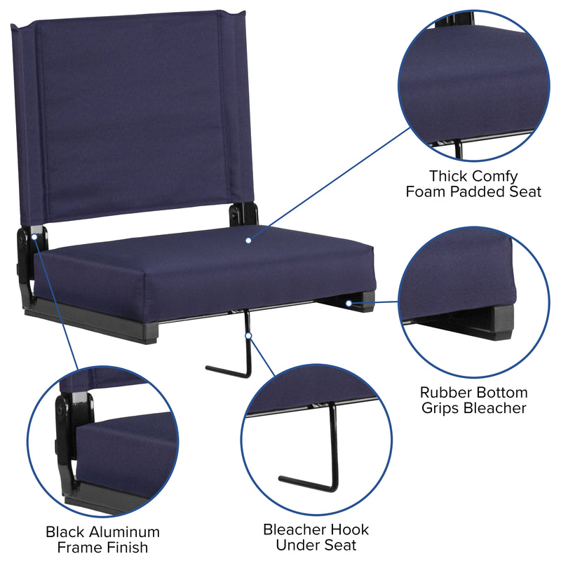 Grandstand Comfort Seats by Flash - 500 lb. Rated Lightweight Stadium Chair with Handle & Ultra-Padded Seat, Navy