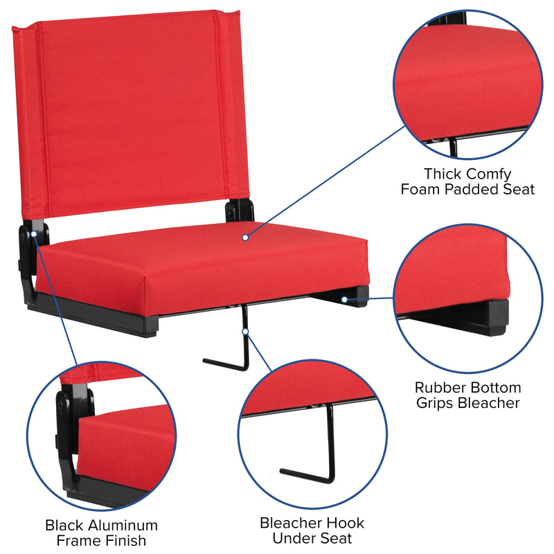 Grandstand Comfort Seats by Flash - 500 lb. Rated Lightweight Stadium Chair with Handle & Ultra-Padded Seat, Red