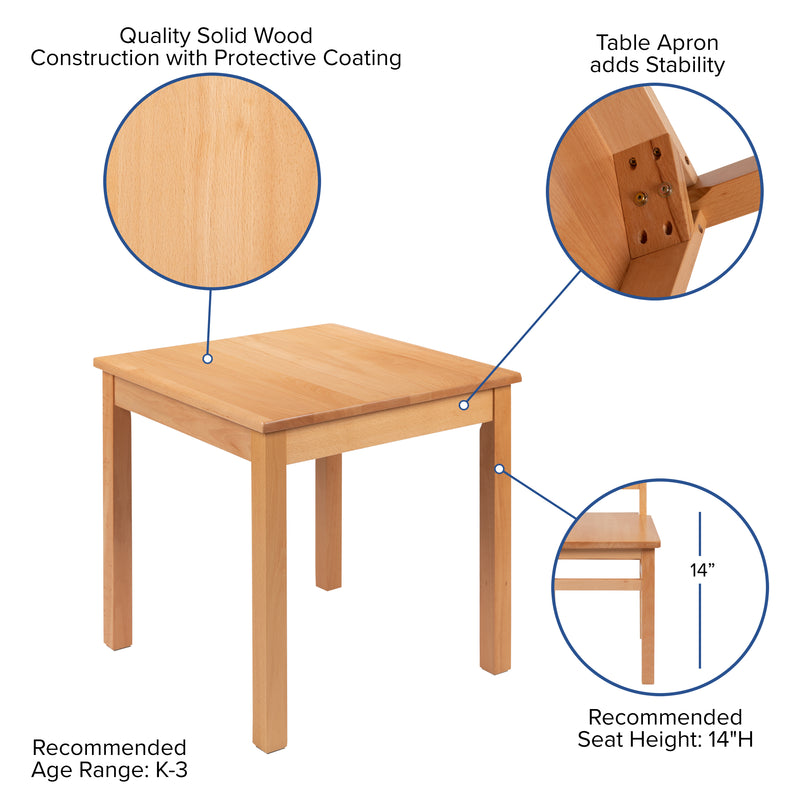 Kids Natural Solid Wood Table and Chair Set for Classroom, Playroom, Kitchen