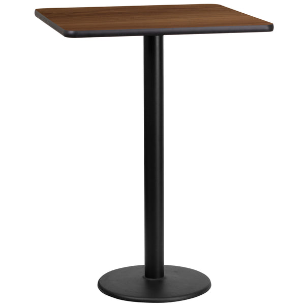 24'' Square Walnut Laminate Table Top with 18'' Round Bar Height Table Base