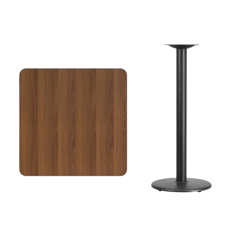 30'' Square Walnut Laminate Table Top with 18'' Round Bar Height Table Base