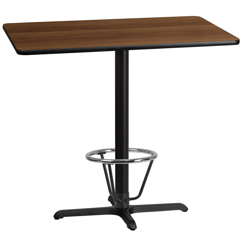 30'' x 45'' Rectangular Walnut Laminate Table Top with 23.5'' x 29.5'' Bar Height Table Base and Foot Ring