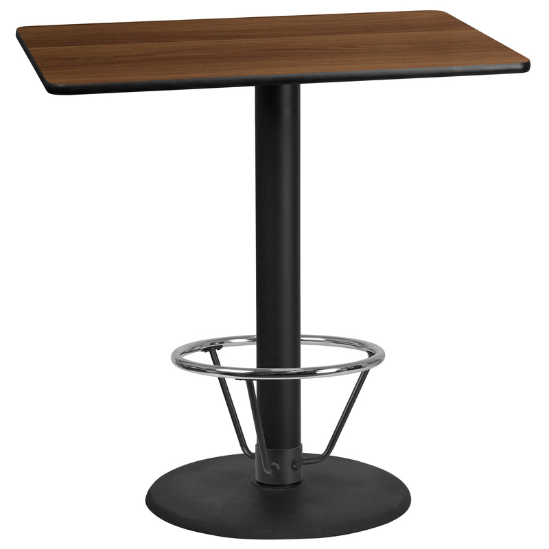 30'' x 45'' Rectangular Walnut Laminate Table Top with 24'' Round Bar Height Table Base and Foot Ring