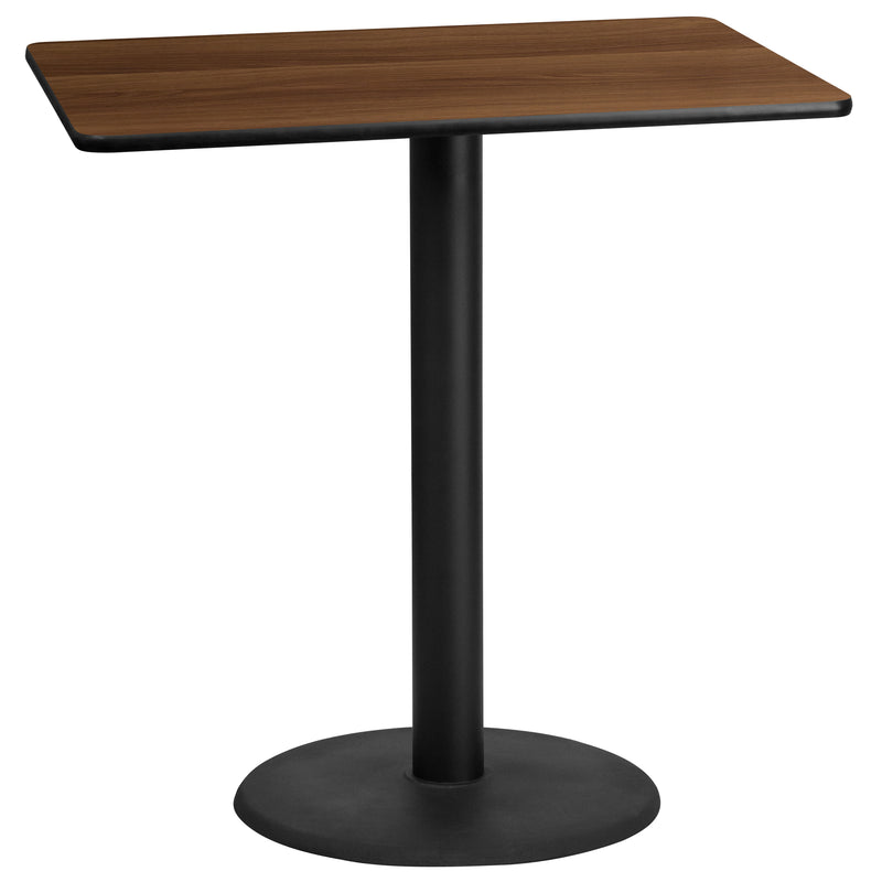 30'' x 45'' Rectangular Walnut Laminate Table Top with 24'' Round Bar Height Table Base