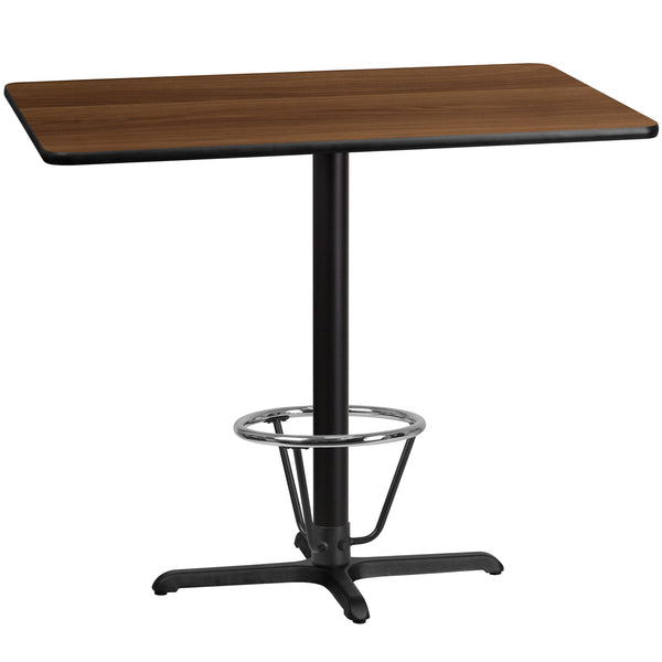 30'' x 48'' Rectangular Walnut Laminate Table Top with 23.5'' x 29.5'' Bar Height Table Base and Foot Ring