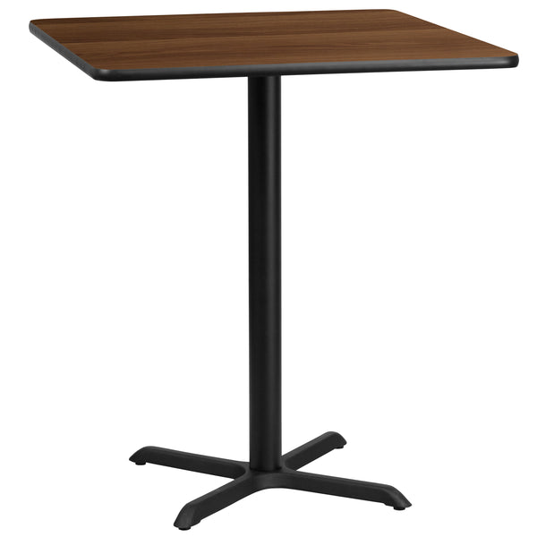 36'' Square Walnut Laminate Table Top with 30'' x 30'' Bar Height Table Base