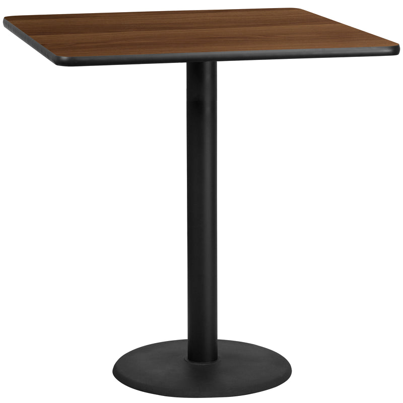 42'' Square Walnut Laminate Table Top with 24'' Round Bar Height Table Base