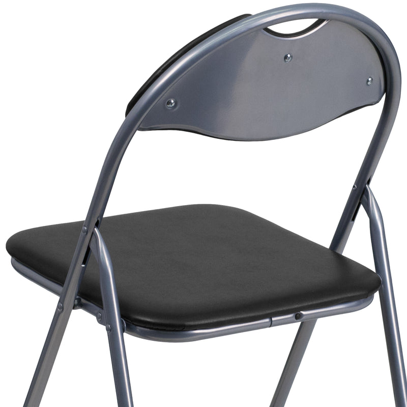 SINGLEWAVE Series Black Vinyl Metal Folding Chair with Carrying Handle