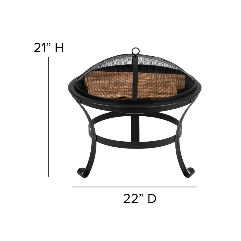 22" Round Wood Burning Firepit with Mesh Spark Screen and Poker