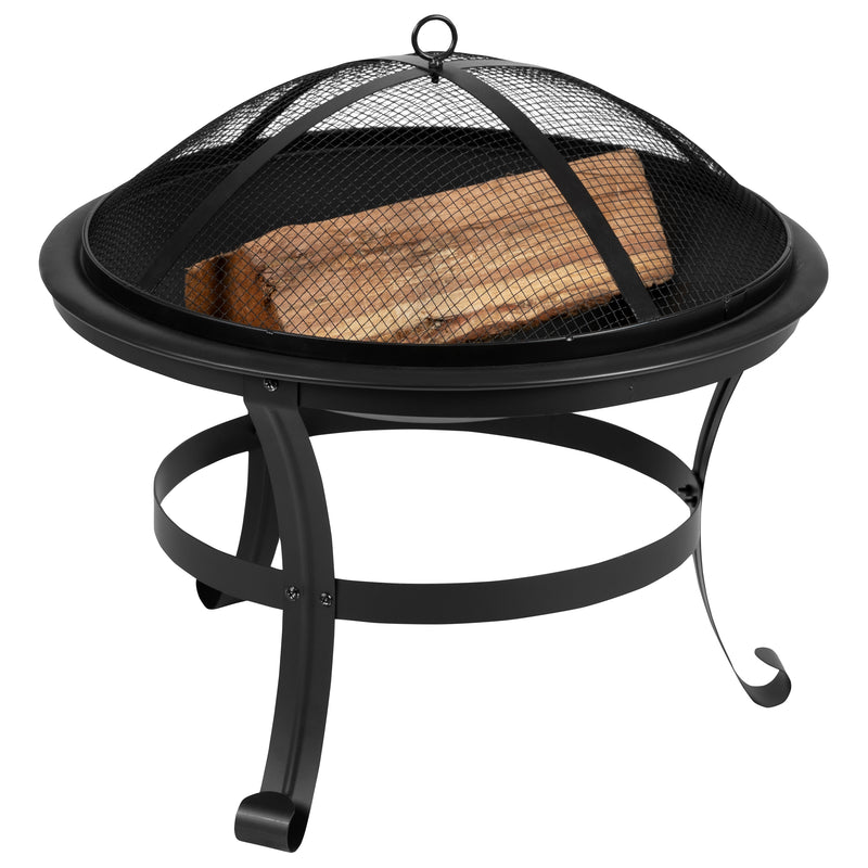 22" Round Wood Burning Firepit with Mesh Spark Screen and Poker