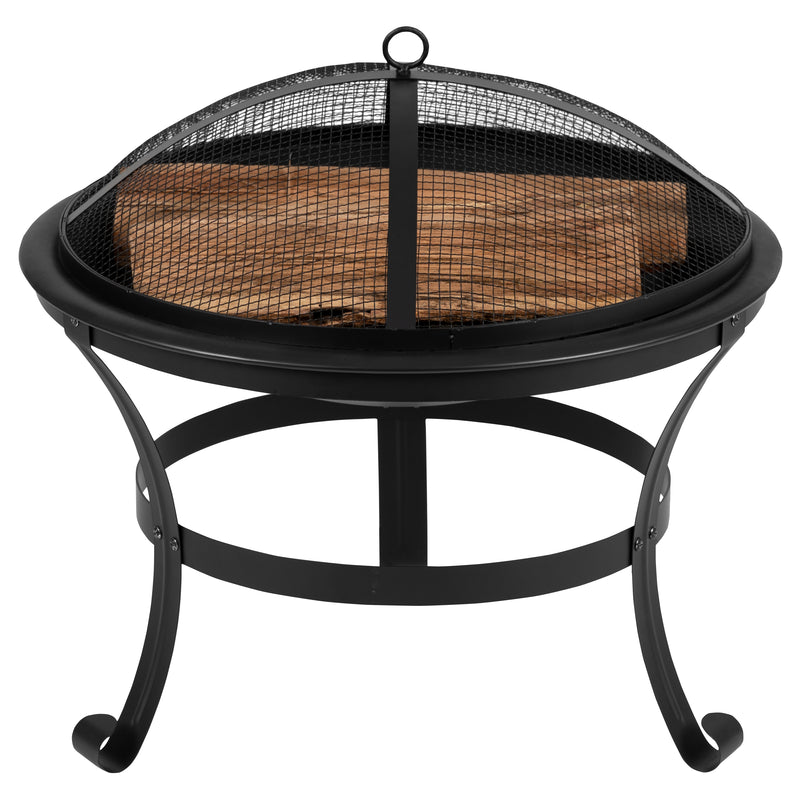 22" Round Wood Burning Firepit with Mesh Spark Screen and Poker