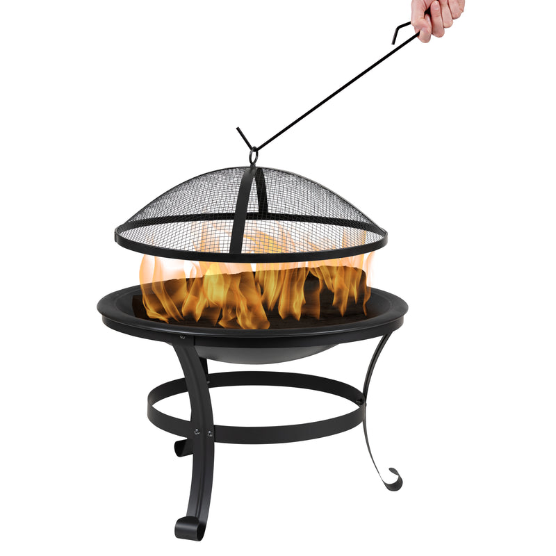 22" Round Wood Burning Firepit with Mesh Spark Screen and Poker