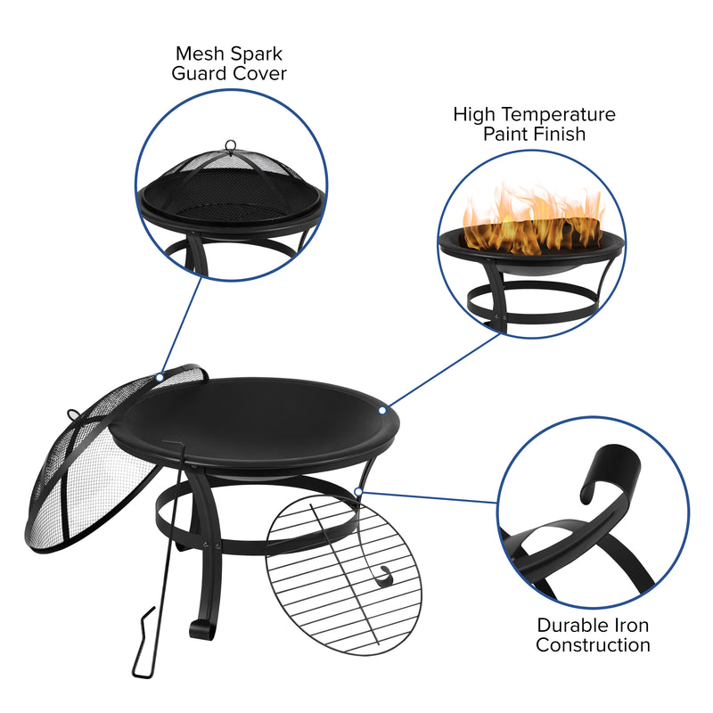 22" Round Wood Burning Firepit with Mesh Spark Screen and Poker