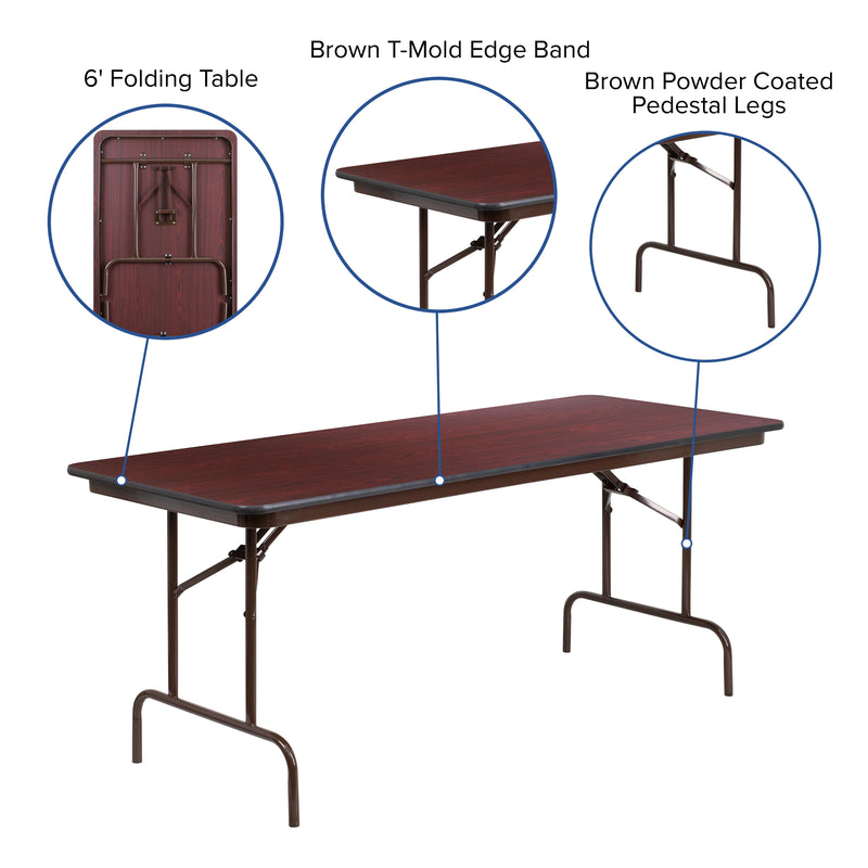 6-Foot Mahogany Melamine Laminate Folding Banquet Table