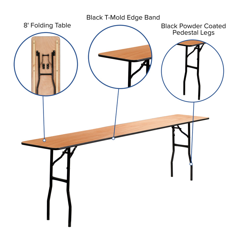 8-Foot Rectangular Wood Folding Training / Seminar Table with Smooth Clear Coated Finished Top