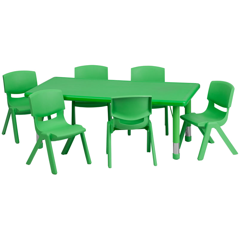 24''W x 48''L Rectangular Green Plastic Height Adjustable Activity Table Set with 6 Chairs