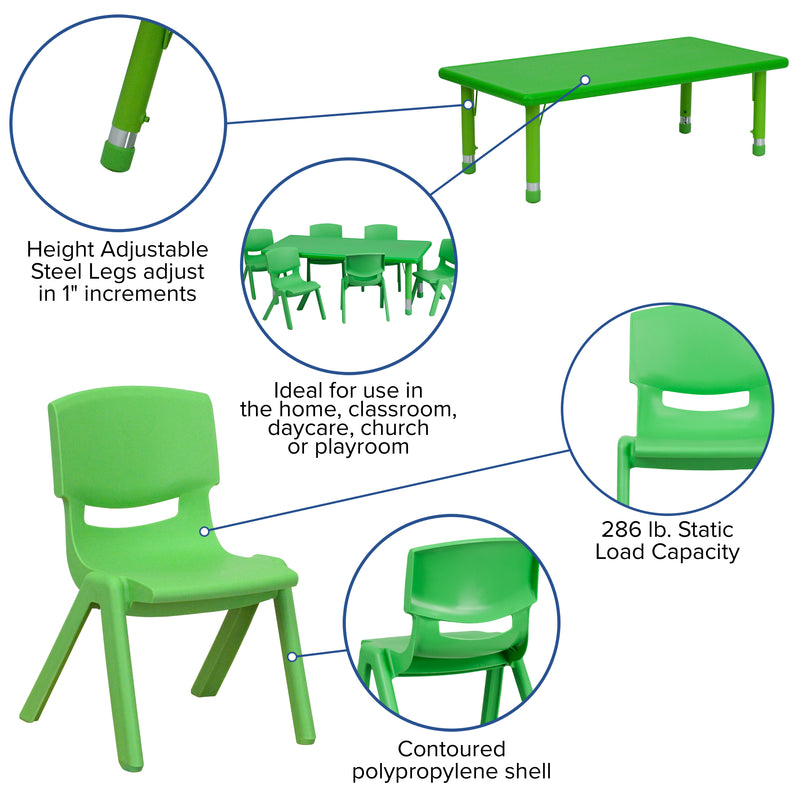 24''W x 48''L Rectangular Green Plastic Height Adjustable Activity Table Set with 6 Chairs