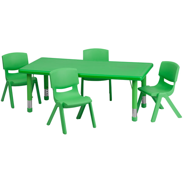 24''W x 48''L Rectangular Green Plastic Height Adjustable Activity Table Set with 4 Chairs