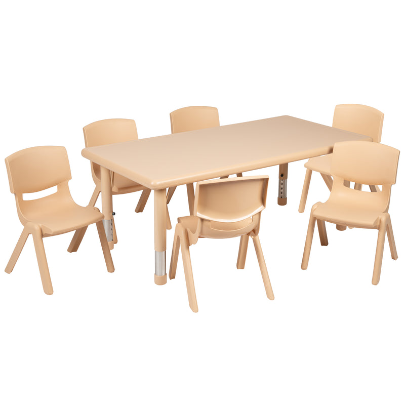 24"W x 48"L Rectangular Natural Plastic Height Adjustable Activity Table Set with 6 Chairs