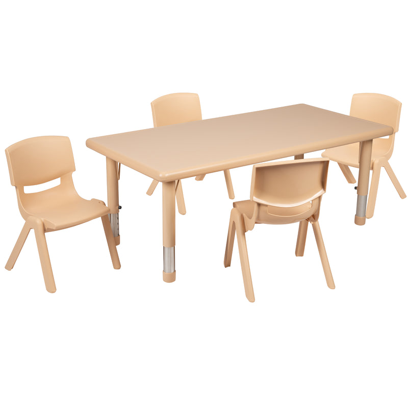 24"W x 48"L Rectangular Natural Plastic Height Adjustable Activity Table Set with 4 Chairs