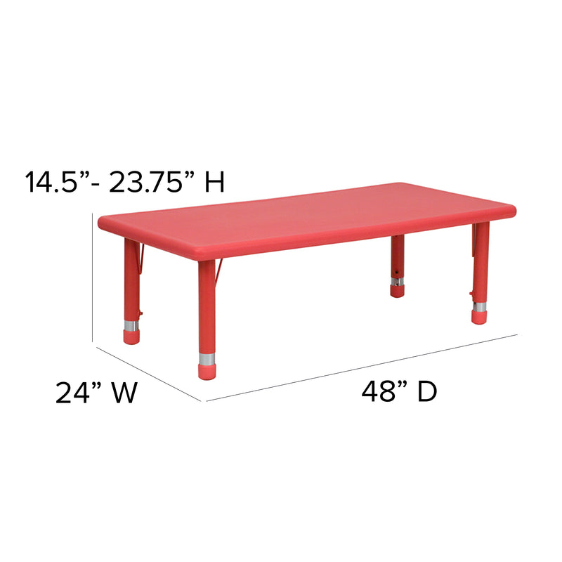 24''W x 48''L Rectangular Red Plastic Height Adjustable Activity Table Set with 6 Chairs