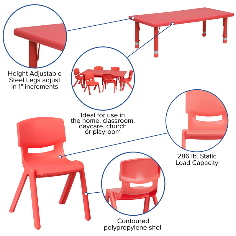 24''W x 48''L Rectangular Red Plastic Height Adjustable Activity Table Set with 6 Chairs