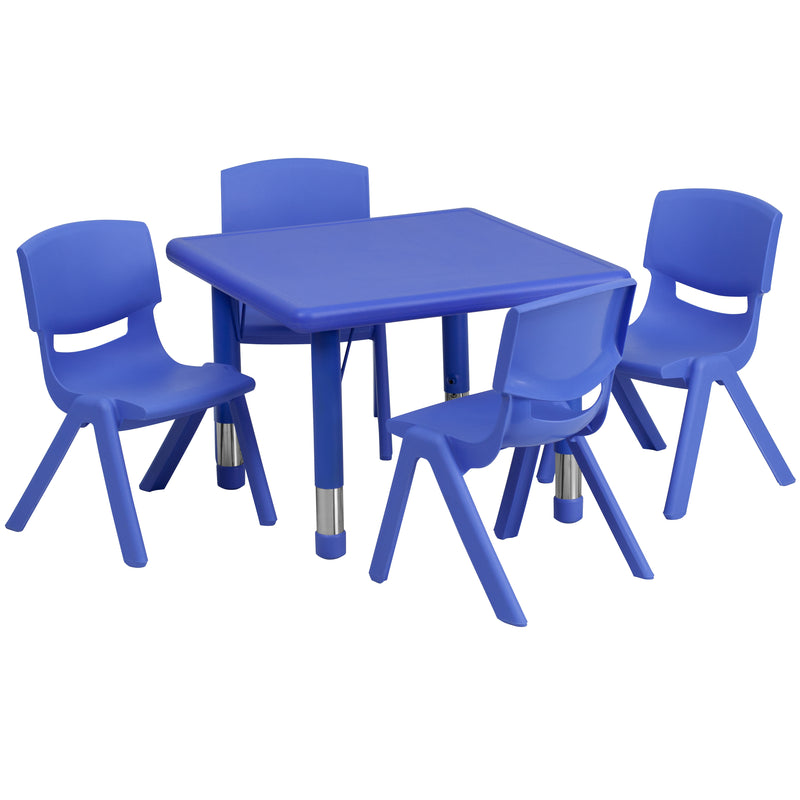 24'' Square Blue Plastic Height Adjustable Activity Table Set with 4 Chairs