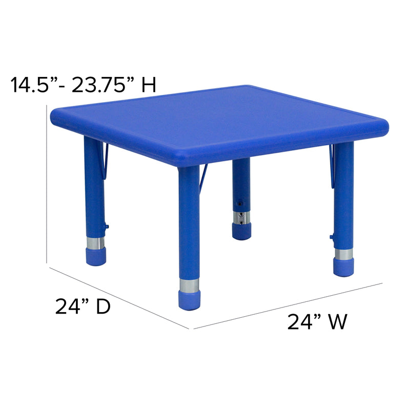 24'' Square Blue Plastic Height Adjustable Activity Table Set with 4 Chairs