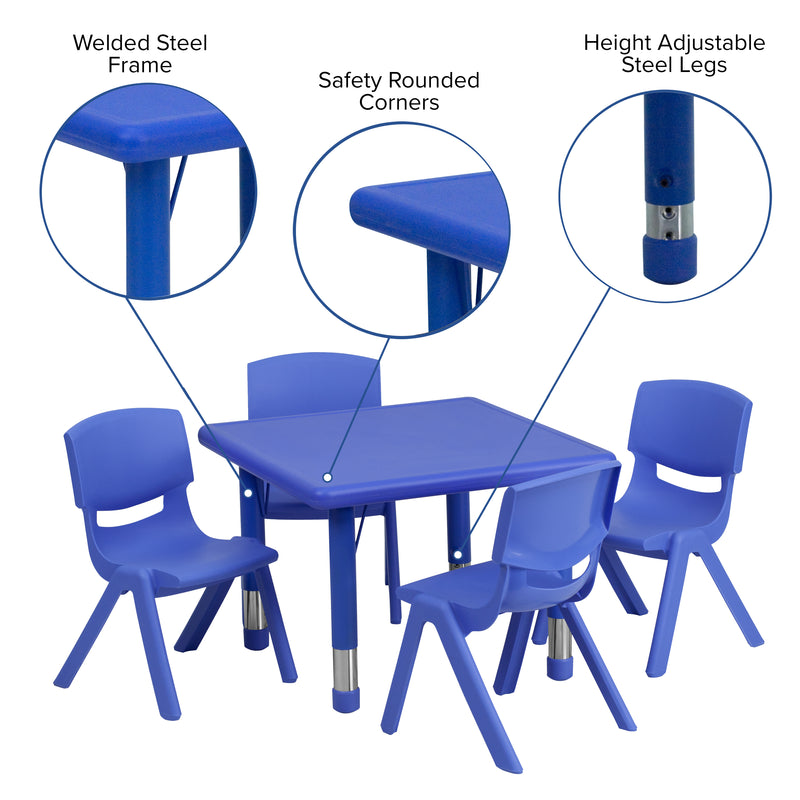 24'' Square Blue Plastic Height Adjustable Activity Table Set with 4 Chairs