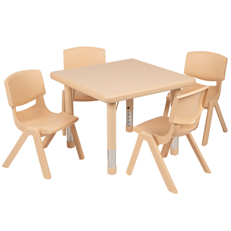 24" Square Natural Plastic Height Adjustable Activity Table Set with 4 Chairs