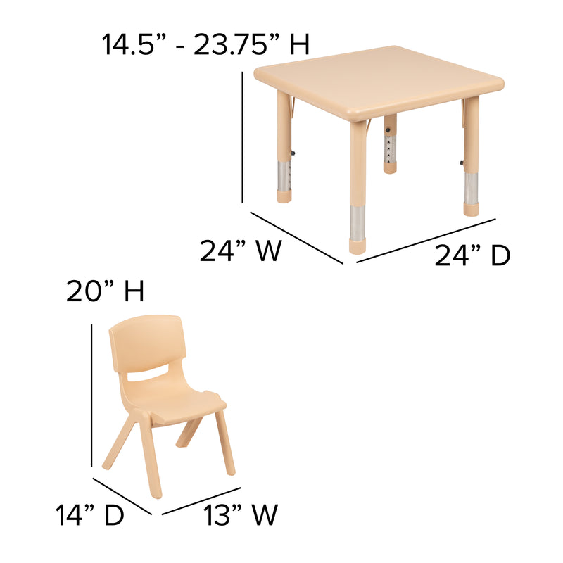 24" Square Natural Plastic Height Adjustable Activity Table Set with 4 Chairs