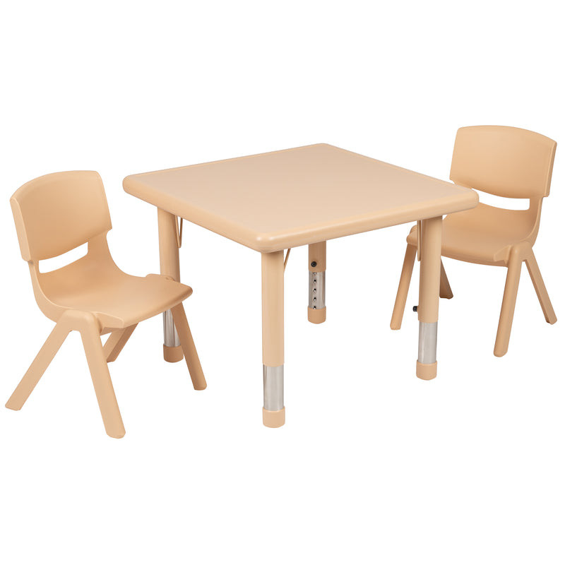 24" Square Natural Plastic Height Adjustable Activity Table Set with 2 Chairs