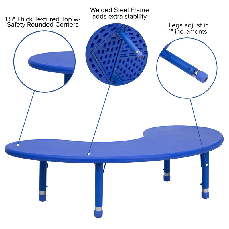 35''W x 65''L Half-Moon Blue Plastic Height Adjustable Activity Table