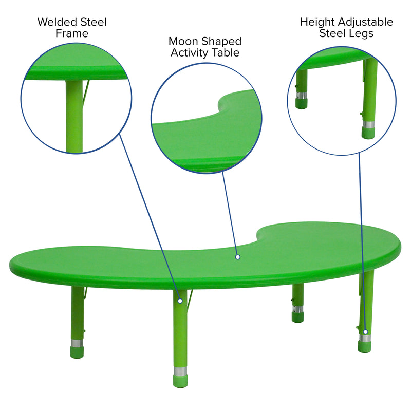 35''W x 65''L Half-Moon Green Plastic Height Adjustable Activity Table