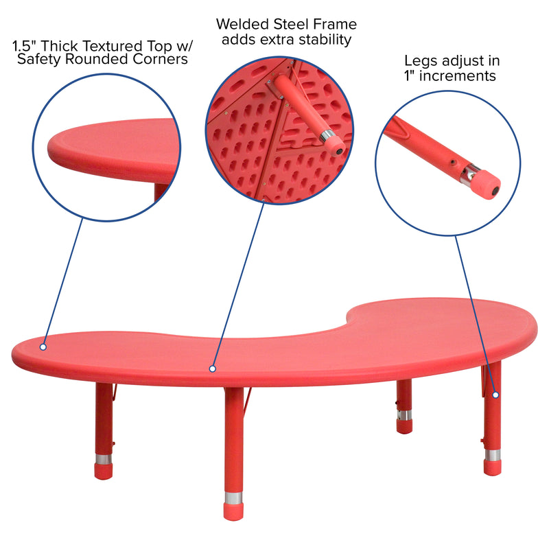 35''W x 65''L Half-Moon Red Plastic Height Adjustable Activity Table