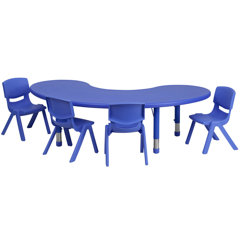 35''W x 65''L Half-Moon Blue Plastic Height Adjustable Activity Table Set with 4 Chairs