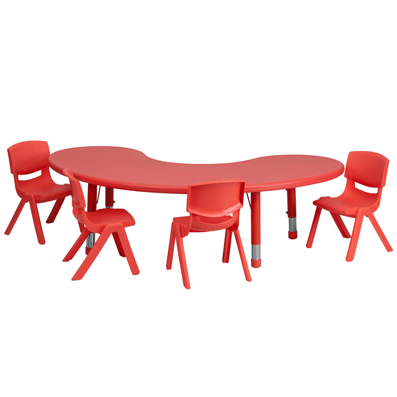 35''W x 65''L Half-Moon Red Plastic Height Adjustable Activity Table Set with 4 Chairs