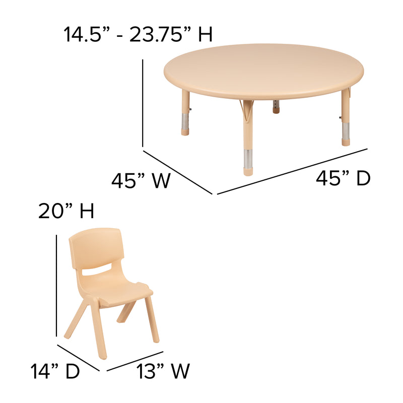 45" Round Natural Plastic Height Adjustable Activity Table Set with 4 Chairs