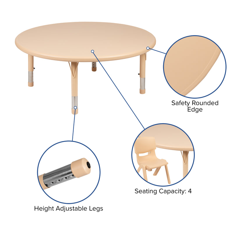 45" Round Natural Plastic Height Adjustable Activity Table Set with 4 Chairs