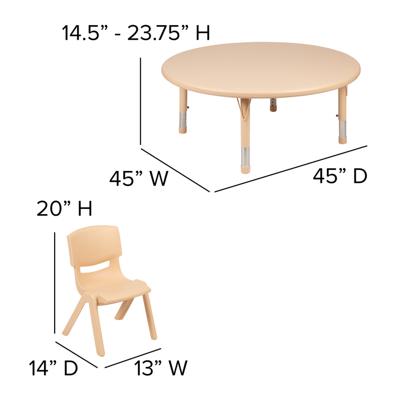 45" Round Natural Plastic Height Adjustable Activity Table Set with 2 Chairs