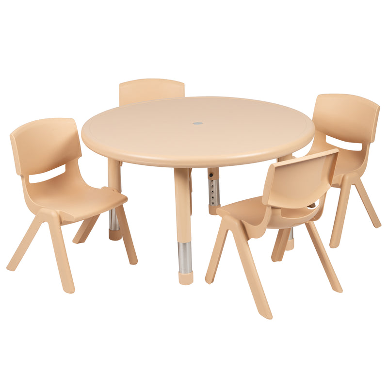 33" Round Natural Plastic Height Adjustable Activity Table Set with 4 Chairs