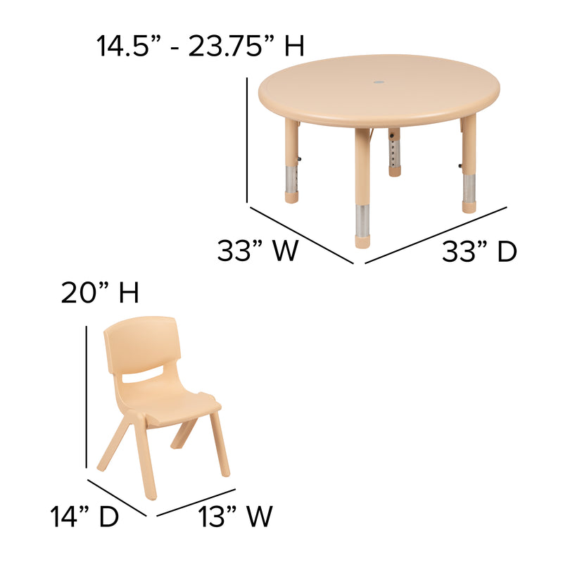 33" Round Natural Plastic Height Adjustable Activity Table Set with 2 Chairs