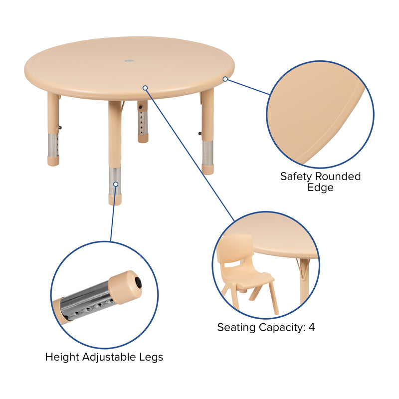 33" Round Natural Plastic Height Adjustable Activity Table Set with 2 Chairs