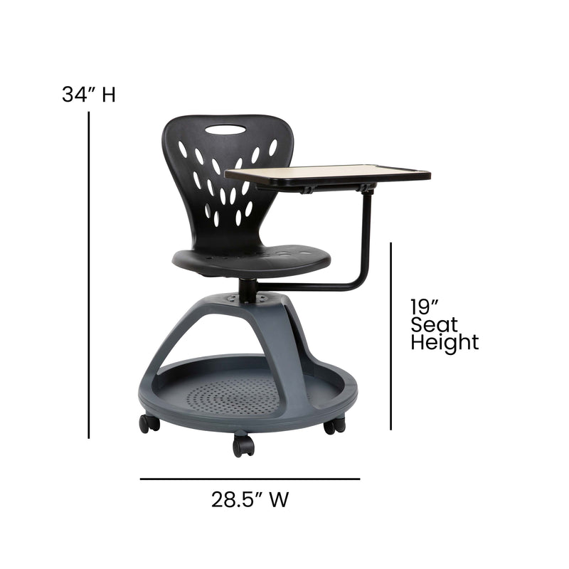 Black Mobile Desk Chair with 360 Degree Tablet Rotation and Under Seat Storage Cubby