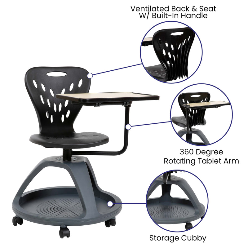 Black Mobile Desk Chair with 360 Degree Tablet Rotation and Under Seat Storage Cubby